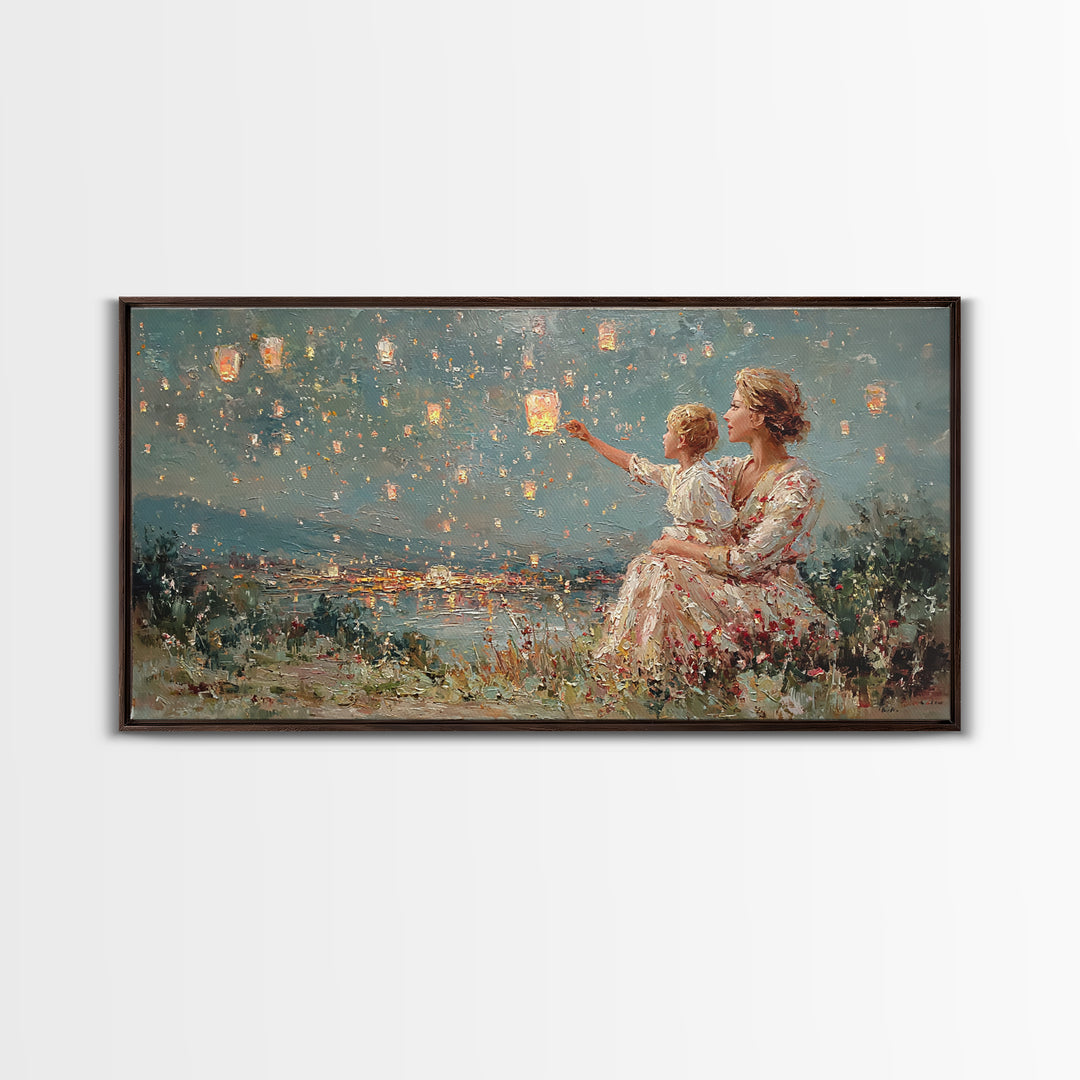 Mother And Child Sky Lanterns Over Lake Wall Art, Dreamy Night Landscape, Romantic Decor, Gift For Mom, Bedroom Wall Art