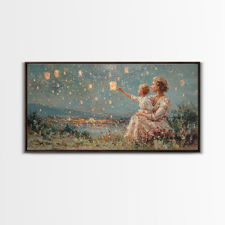 Mother And Child Sky Lanterns Over Lake Wall Art, Dreamy Night Landscape, Romantic Decor, Gift For Mom, Bedroom Wall Art