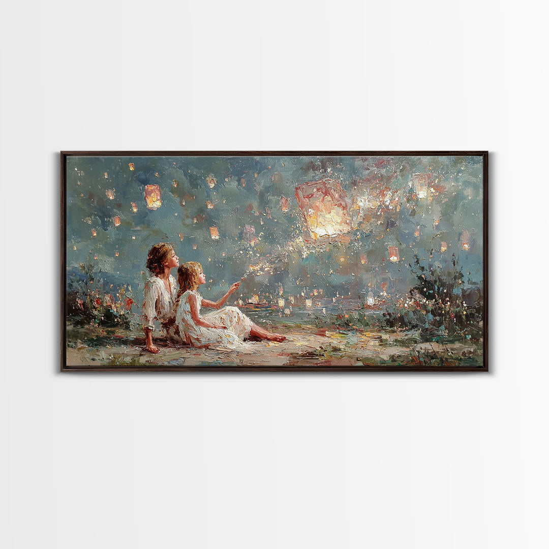 Children Launching Glowing Sky Lanterns Canvas Print, Magical Lake Wall Art, Whimsical Decor, Nursery Art, Gift For Her, Bedroom Decor