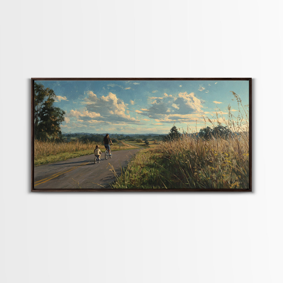Country Road Bike Ride With Child, Golden Meadow Landscape Wall Art, Family Home Decor, Living Room Art, Housewarming Gift