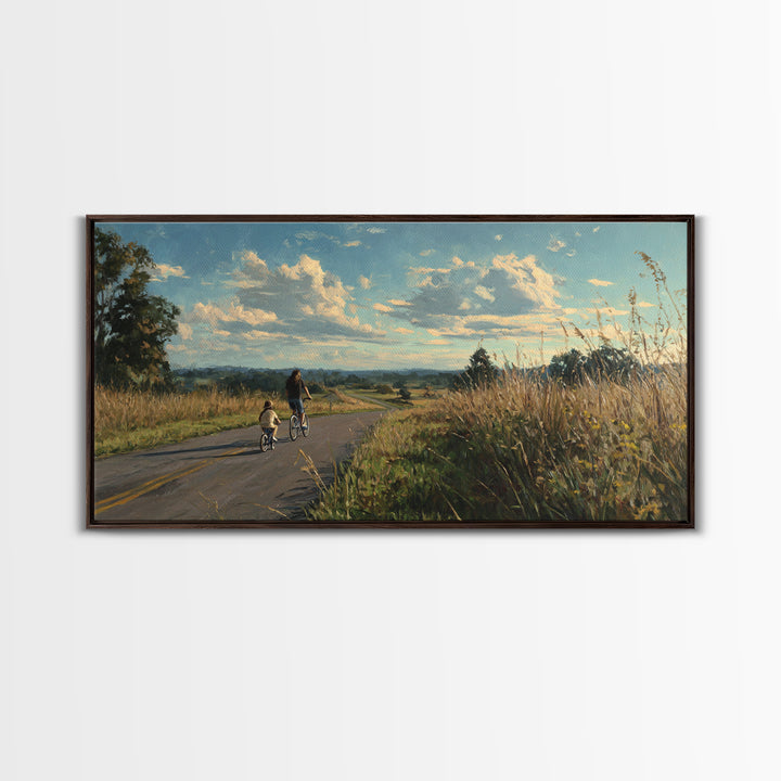 Country Road Bike Ride With Child, Golden Meadow Landscape Wall Art, Family Home Decor, Living Room Art, Housewarming Gift