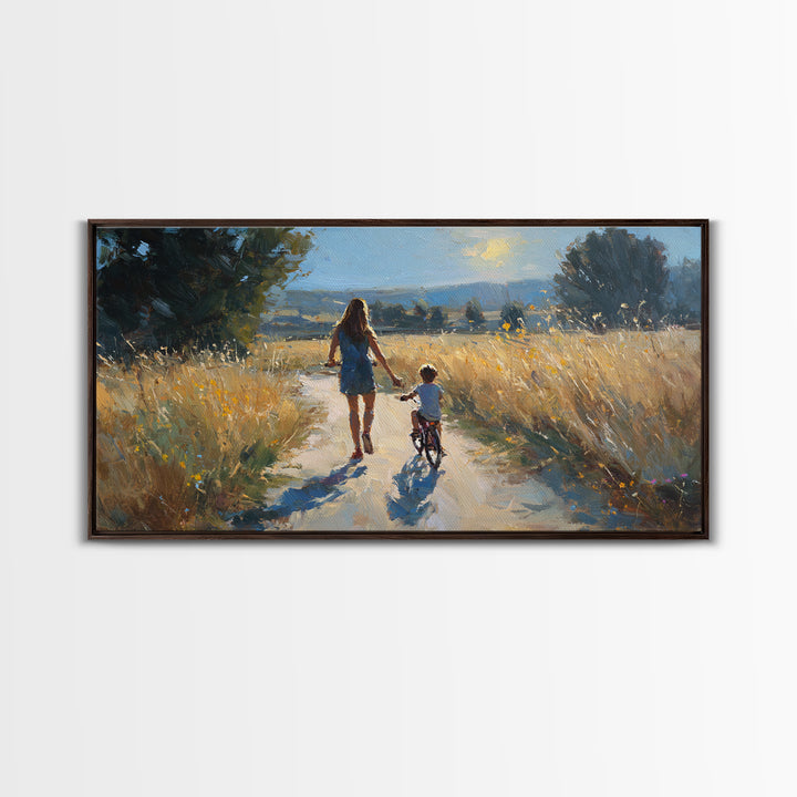 Mother Walking Child With Bicycle Through Golden Fields Canvas Print, Country Landscape Wall Art, Family Living Room Decor