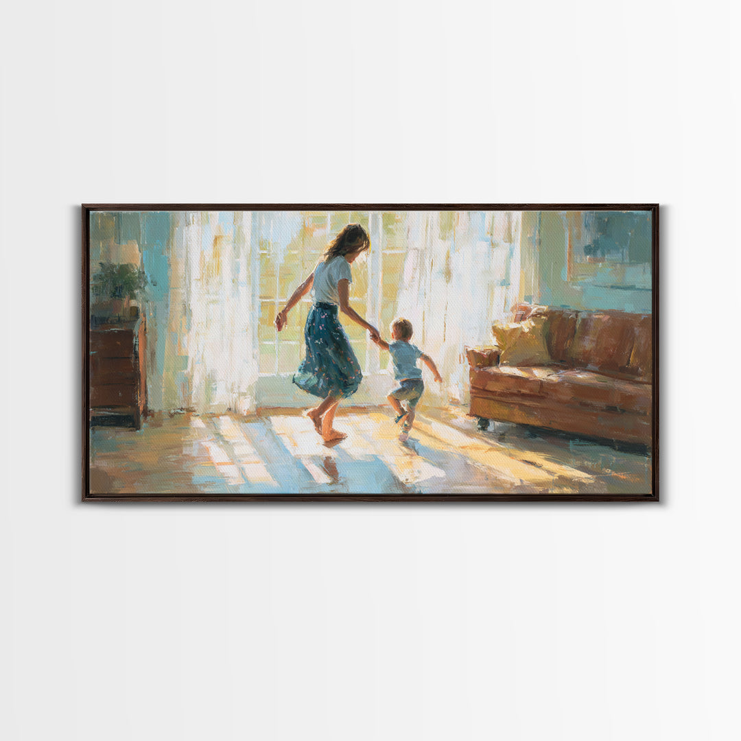 Mother And Toddler Dancing In Sunlit Living Room Canvas Print, Warm Family Wall Art, Cozy Home Decor, Gift For Her, Bedroom Decor