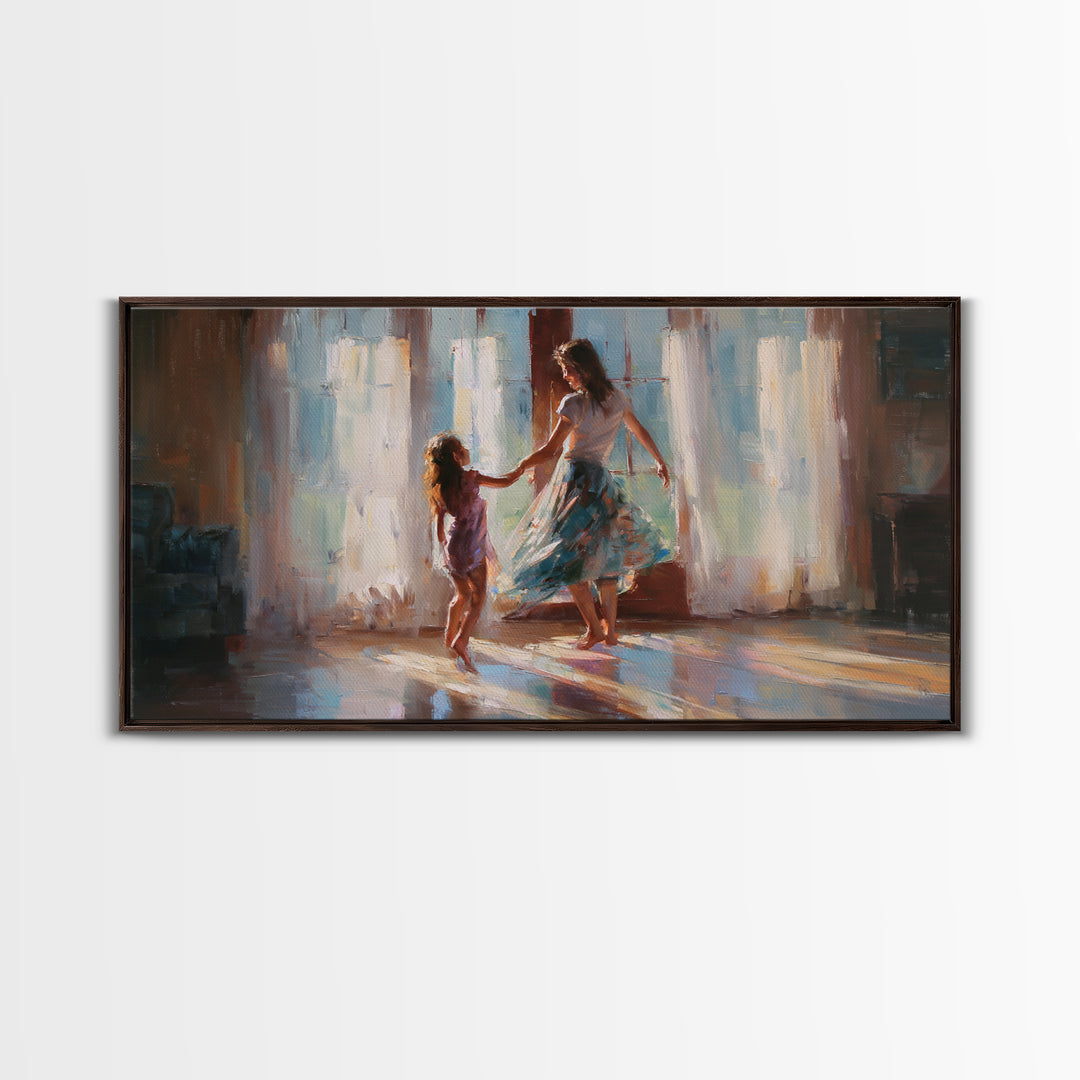 Mother And Daughter Dancing By Bright Windows Framed Canvas Print, Sunlit Family Wall Art, Feminine Home Decor Gift, Living Room Decor