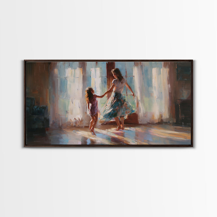 Mother And Daughter Dancing By Bright Windows Framed Canvas Print, Sunlit Family Wall Art, Feminine Home Decor Gift, Living Room Decor