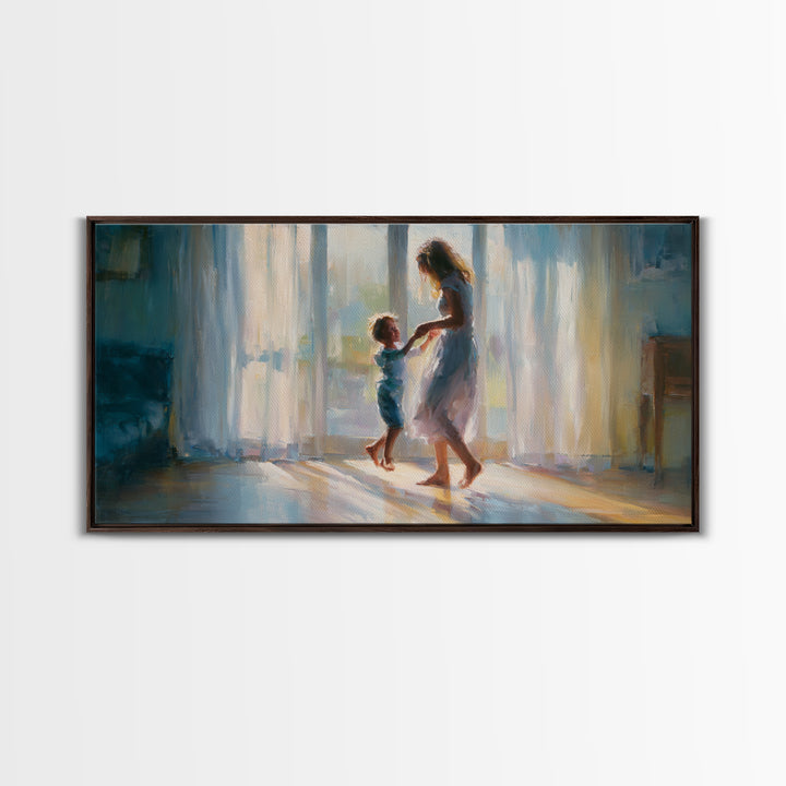 Mother And Child Dancing In Window Light Wall Art, Impressionist Family Painting, Cozy Bedroom Decor, Gift For Her, Living Room Art