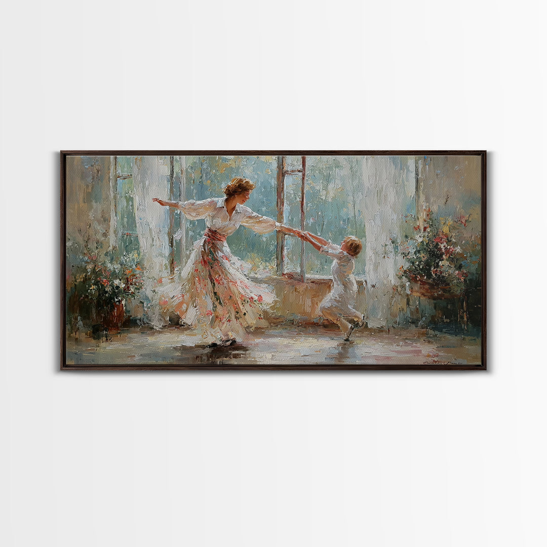 Sunlit Mother And Child Dance Canvas Print, Impressionist Family Wall Art, Nursery Decor, Gift For Mom, Living Room Decor