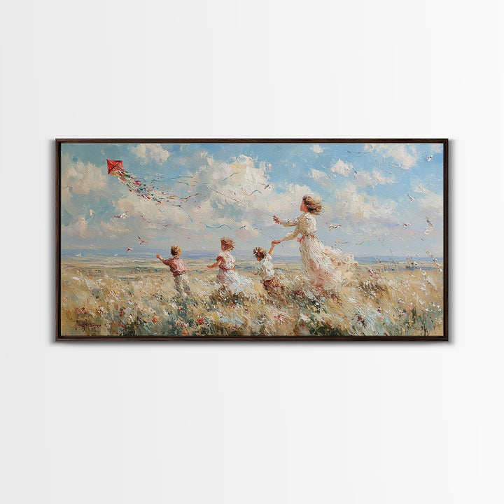 Mother And Children Flying Kite Canvas Print, Coastal Meadow Wall Art, Impressionist Family Decor, Beach House Gift For Mom