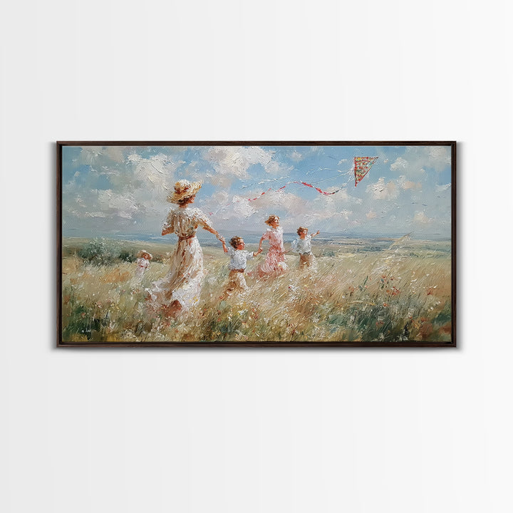 Woman And Children Run With Kite Canvas Print, Windy Meadow Wall Art, Coastal Landscape Art, Nursery Decor, Gift For Mom