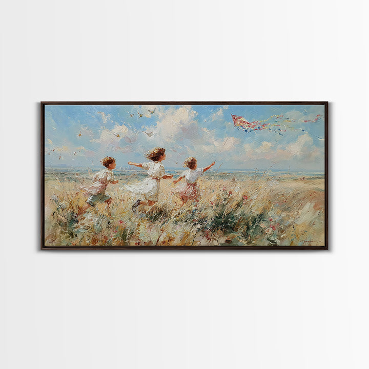 Children Running Through Meadow Canvas Print, Kite Flying Wall Art, Impressionist Landscape, Playroom Decor, Gift For Her