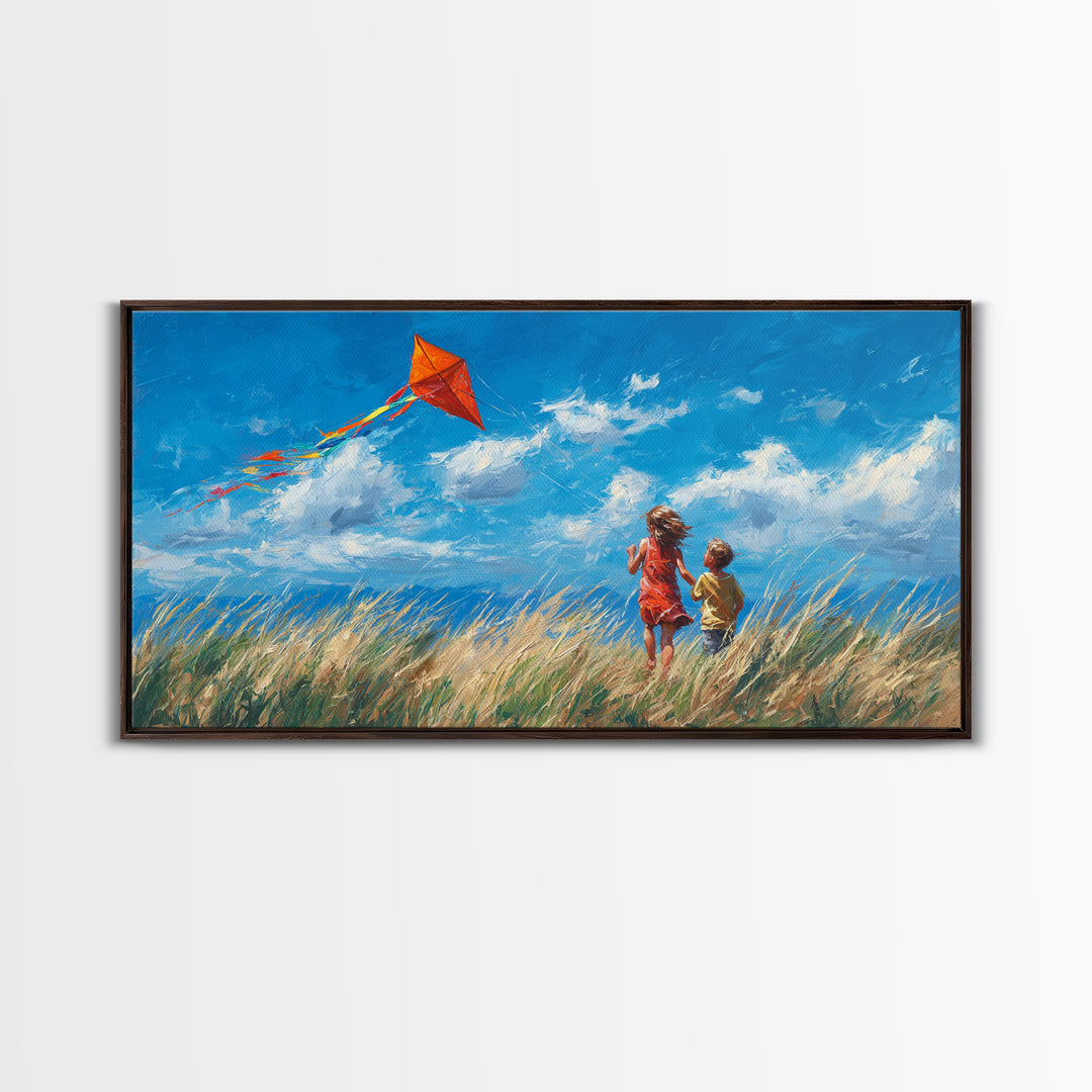 Two Children Flying Red Kite Canvas Print, Bright Blue Sky Wall Art, Summer Meadow Decor, Kids Room Art, Gift For Mom, Home Decor