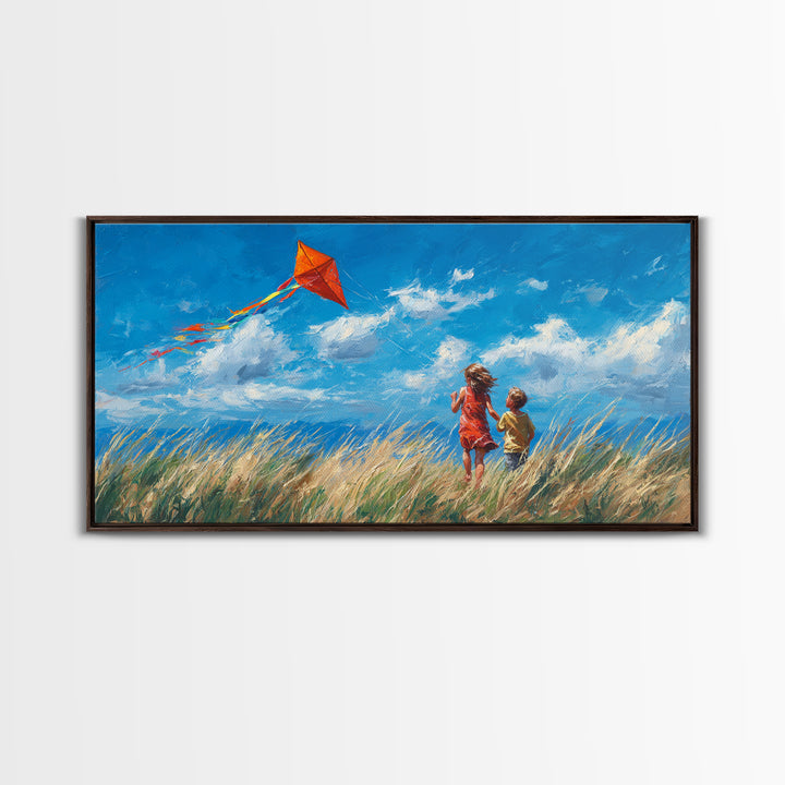 Two Children Flying Red Kite Canvas Print, Bright Blue Sky Wall Art, Summer Meadow Decor, Kids Room Art, Gift For Mom, Home Decor