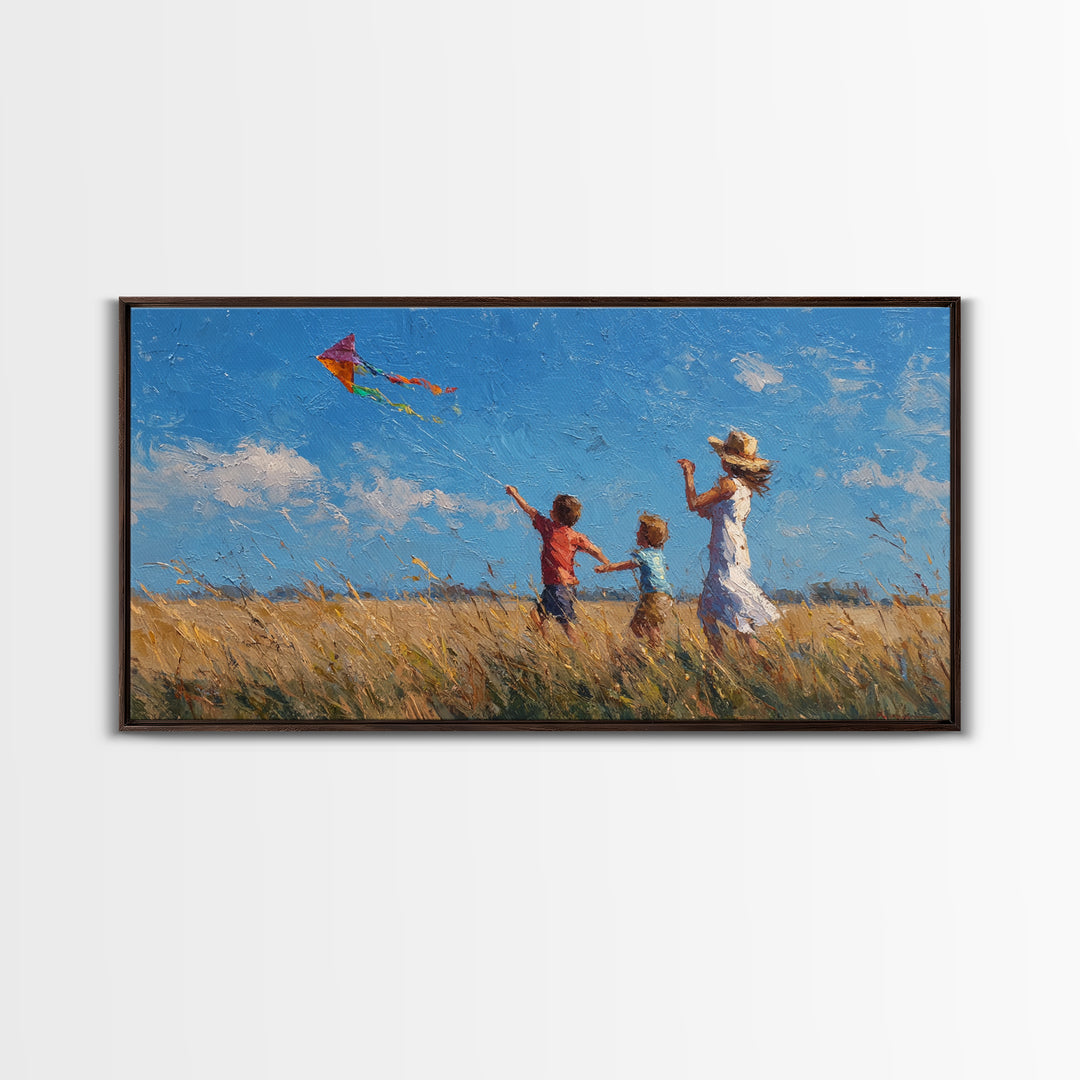 Mother And Sons Flying Kite Canvas Print, Sunny Grassland Wall Art, Family Home Decor, Nursery Art, Housewarming Gift For Mom
