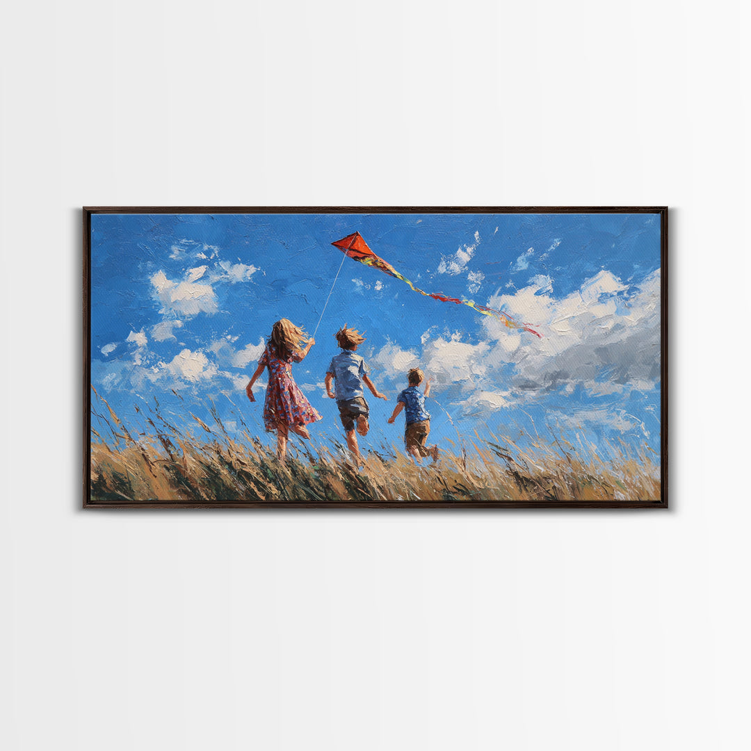 Three Children Chase Red Kite Canvas Print, Breezy Summer Field Wall Art, Kids Room Decor, Coastal Landscape Gift For Her