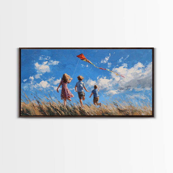 Three Children Chase Red Kite Canvas Print, Breezy Summer Field Wall Art, Kids Room Decor, Coastal Landscape Gift For Her