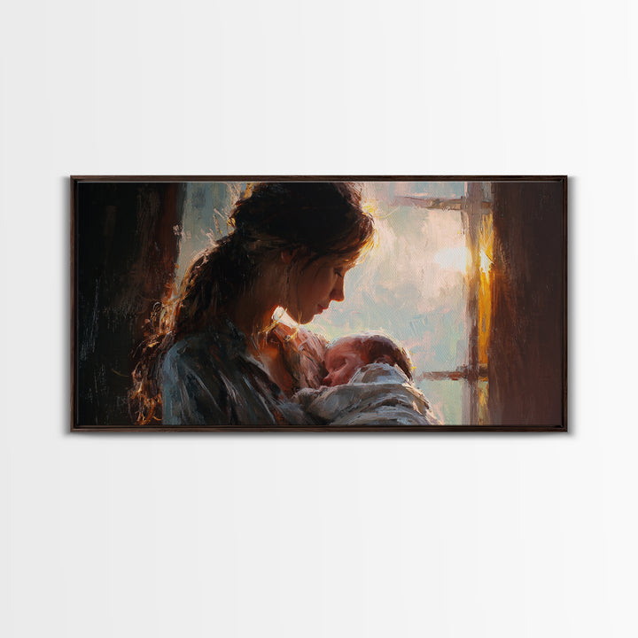 Mother Nursing Baby By Window Canvas Print, Warm Newborn Wall Art, Moody Nursery Decor, Gift For Her, Bedroom Wall Decor