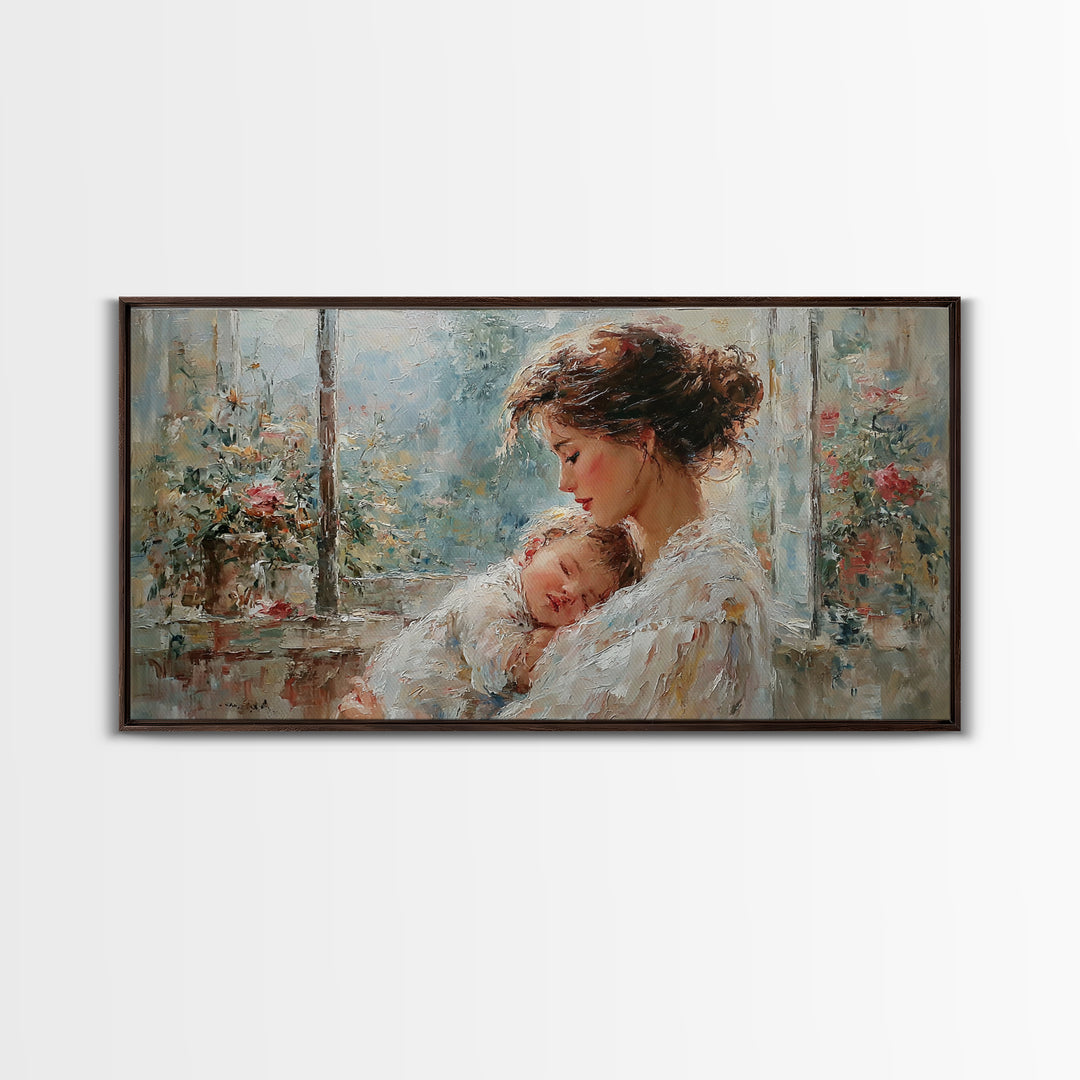 Tender Mother And Baby By Rainy Window Canvas Print, Impressionist Nursery Wall Art, Floral Bedroom Decor, New Mom Gift, Home Decor