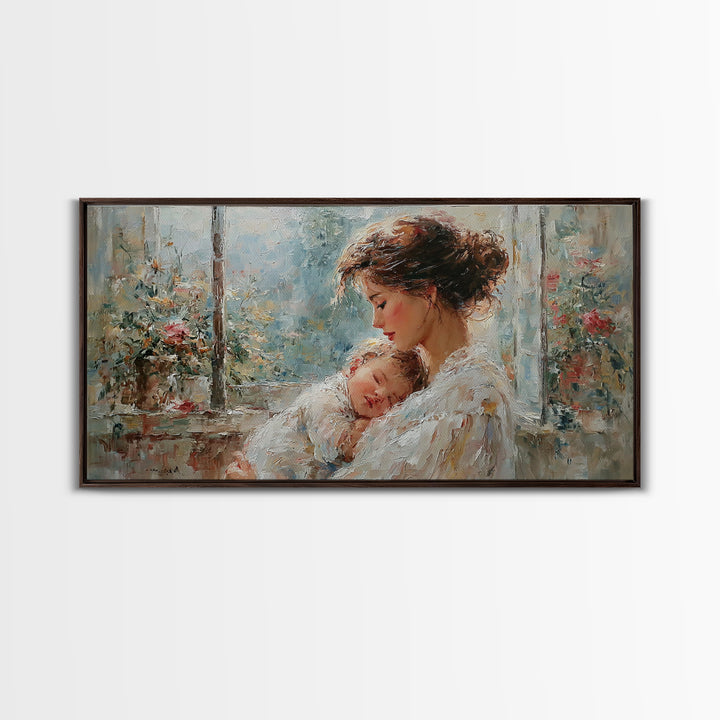Tender Mother And Baby By Rainy Window Canvas Print, Impressionist Nursery Wall Art, Floral Bedroom Decor, New Mom Gift, Home Decor