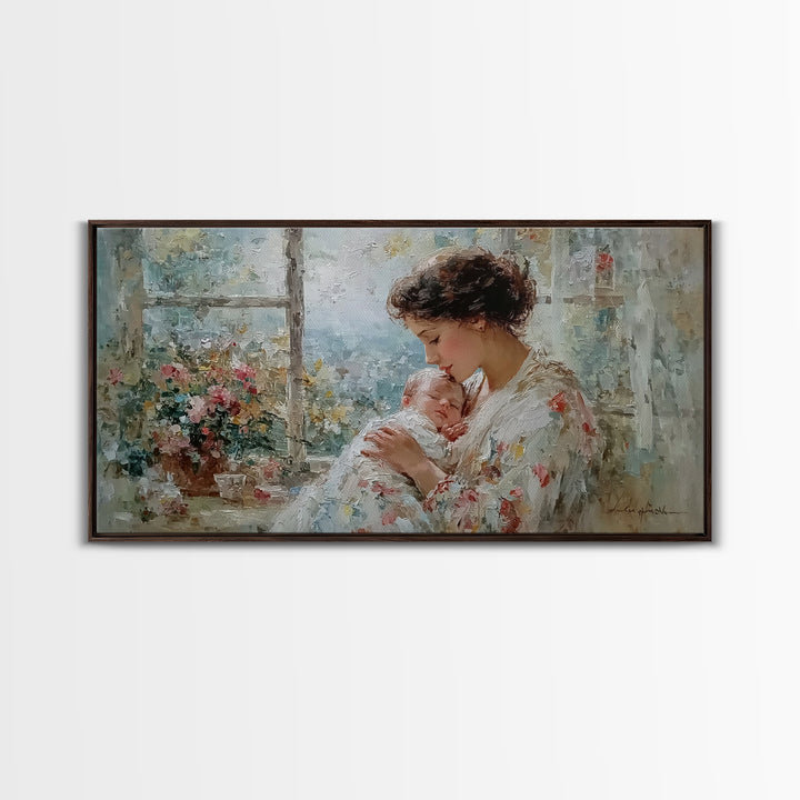 Mother Kissing Newborn By Garden Window Framed Canvas Print, Impressionist Nursery Wall Art, Floral Home Decor Gift For Her