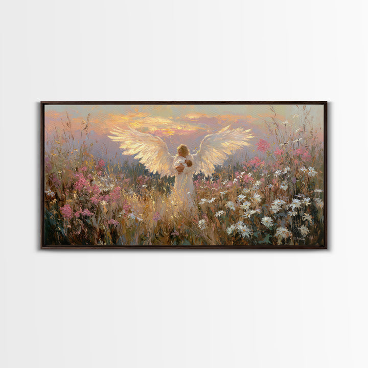 Glowing Guardian Angel Holding Baby At Sunset Canvas Print, Spiritual Wall Art, Wildflower Meadow Decor, Christian Gift Idea