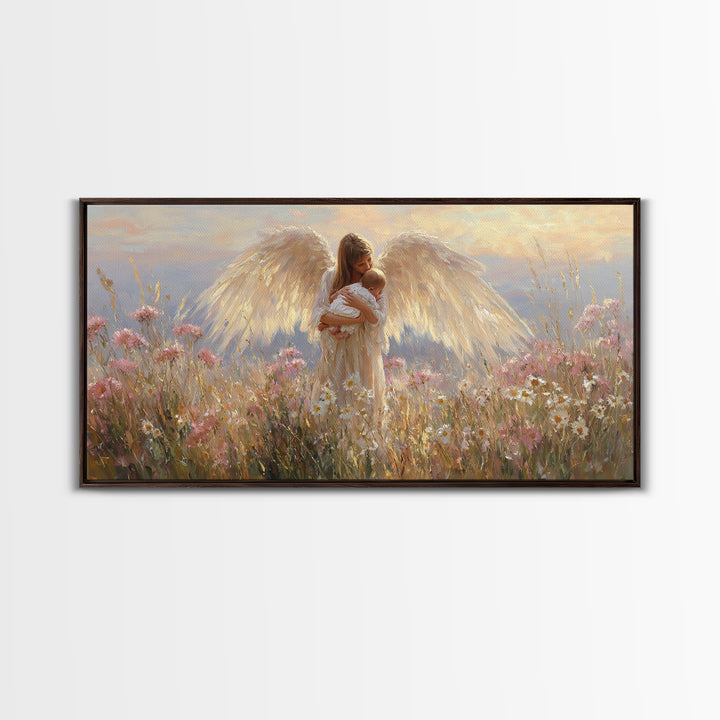 Radiant Angel Cradling Infant In Wildflower Field Canvas Print, Christian Wall Art, Spiritual Nursery Decor, Baby Shower Gift