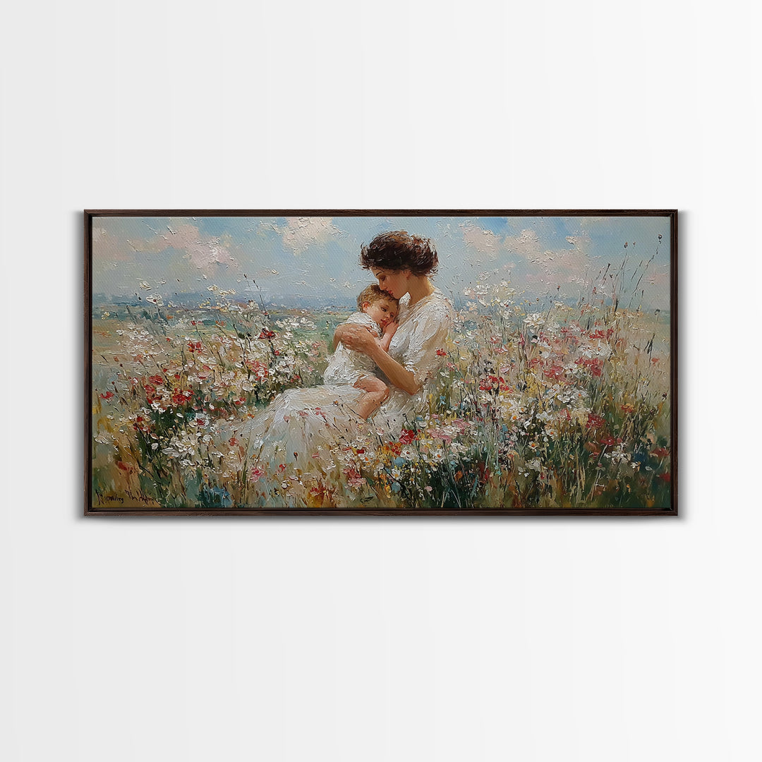 Seated Mother Holding Sleeping Child In Flower Field Canvas Print, Impressionist Wall Art, Nursery Decor, Housewarming Gift