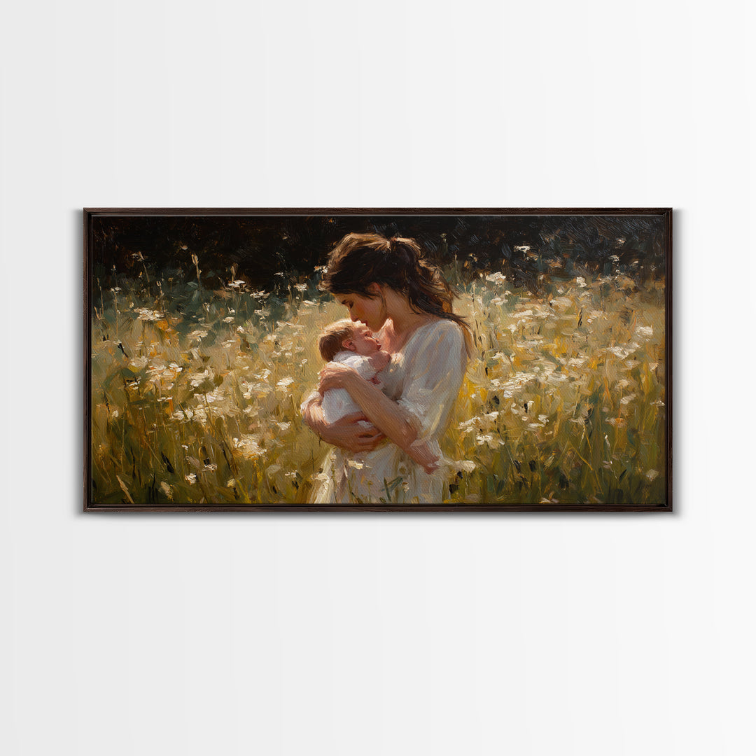 Tender Mother And Baby In White Wildflower Meadow Canvas Print, Impressionist Nursery Wall Art, Gift For Mom, Bedroom Decor