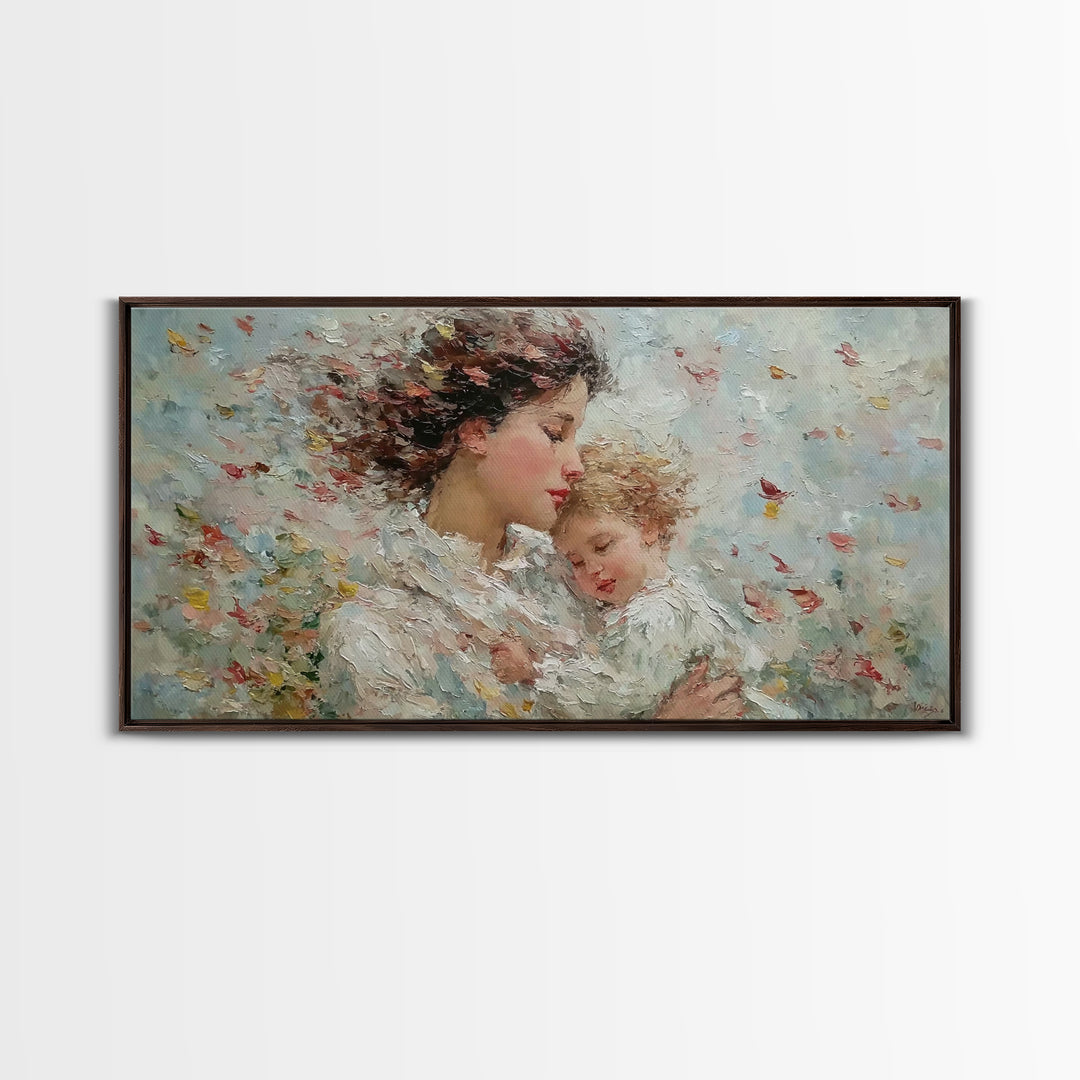 Windblown Mother And Sleeping Child With Petals Canvas Print, Feminine Wall Art, Impressionist Nursery Decor, Gift For Her