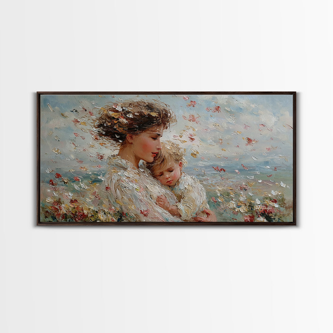 Windy Meadow Mother And Child With Falling Petals Wall Art, Impressionist Canvas Print, Floral Nursery Decor, Gift For Mom