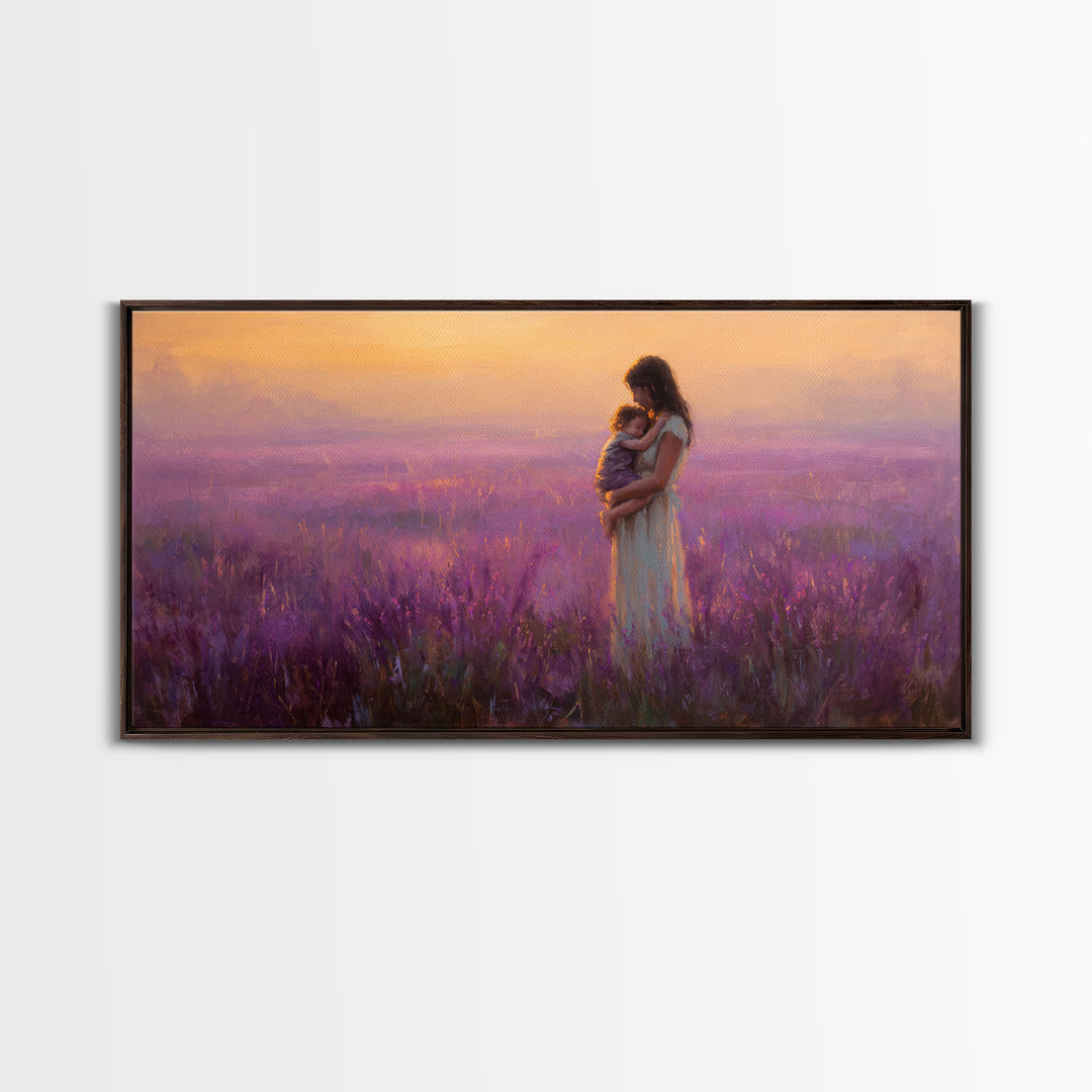 Mother And Child In Lavender Field At Sunset Canvas Print, Purple Landscape Wall Art, Romantic Bedroom Decor, Gift For Mom