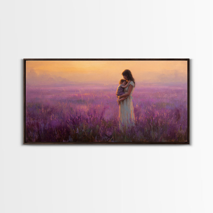 Mother And Child In Lavender Field At Sunset Canvas Print, Purple Landscape Wall Art, Romantic Bedroom Decor, Gift For Mom