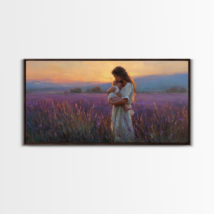 Mother Cradling Child In Lavender Sunset Field Canvas Print, Romantic Wall Art, Impressionist Bedroom Decor, Gift For Her