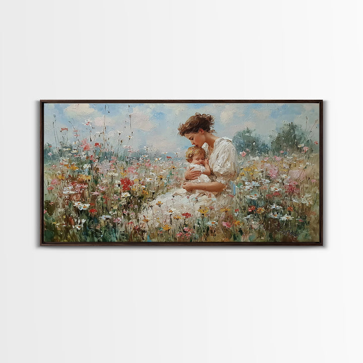 Mother And Baby In Wildflower Meadow Canvas Print, Impressionist Floral Nursery Wall Art, Gift For Mom, Motherhood Decor