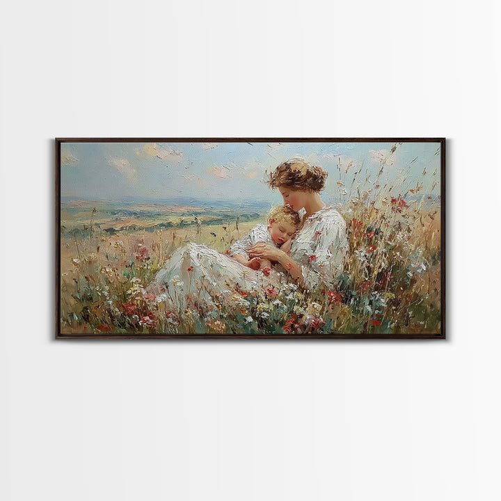 Nursing Mother And Baby In Summer Meadow Framed Canvas Print, Impressionist Floral Wall Art, Motherhood Gift, Nursery Decor