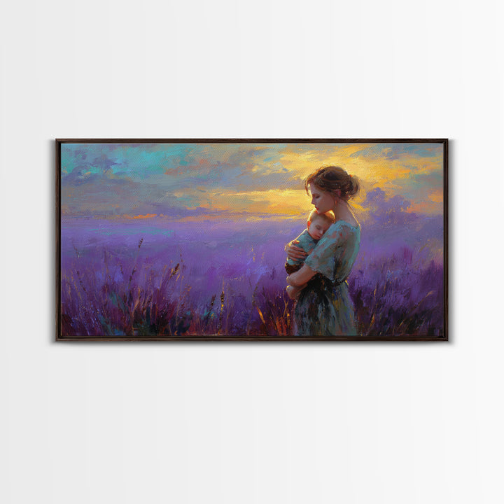 Mother Holding Baby In Lavender Sunset Canvas Print, Purple Field Wall Art, Motherhood Gift, Calming Nursery Bedroom Decor