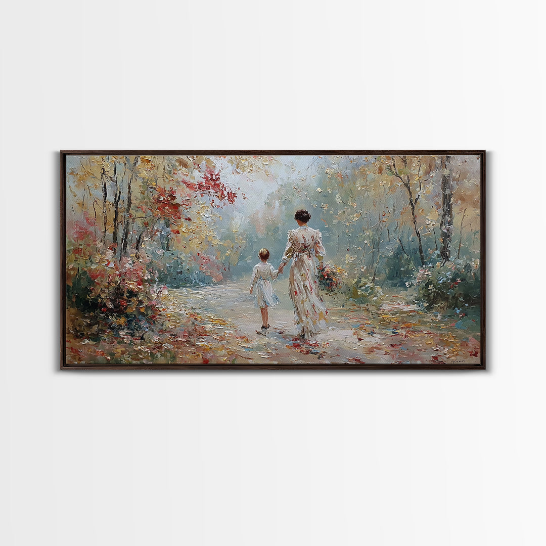 Mother And Child Walking Floral Woodland Path Wall Art, Impressionist Autumn Canvas Print, Family Gift, Living Room Decor