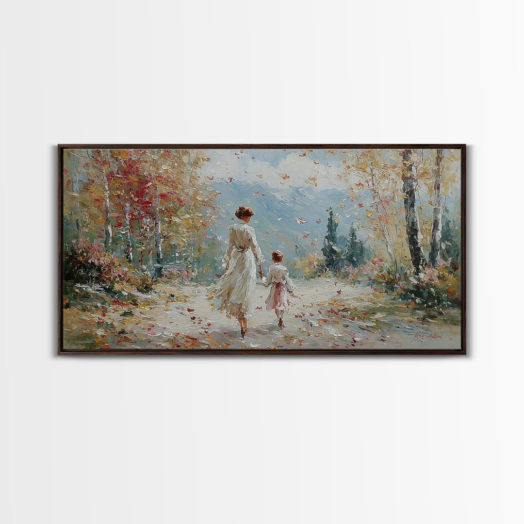 Mother And Child On Blossom Mountain Path Canvas Print, Impressionist Landscape Wall Art, Neutral Nursery Living Room Decor
