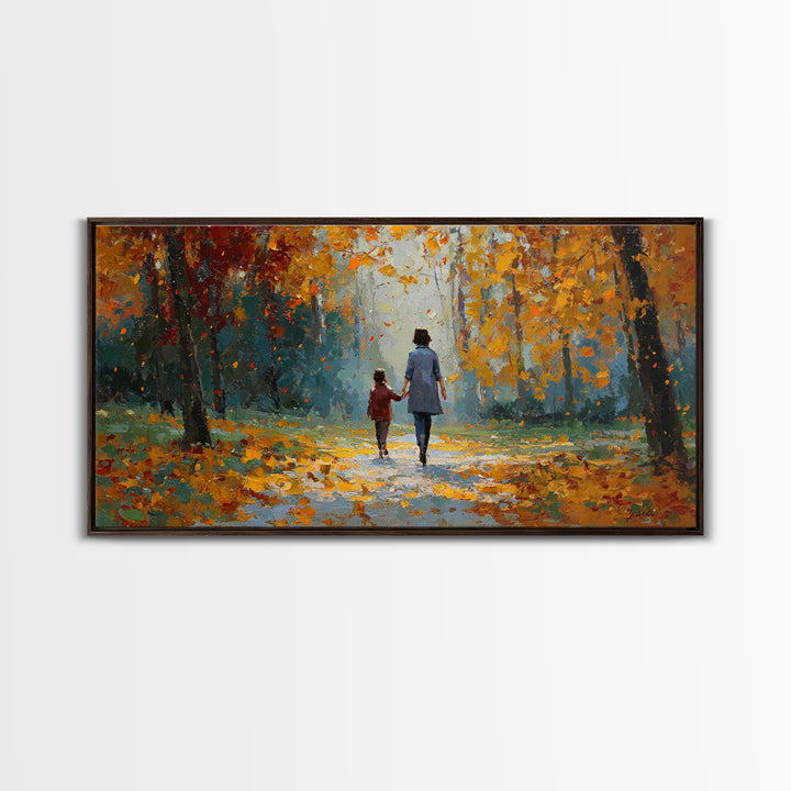 Mother And Child In Golden Autumn Park Framed Canvas Print, Fall Landscape Wall Art, Family Gift, Cozy Living Room Home Decor