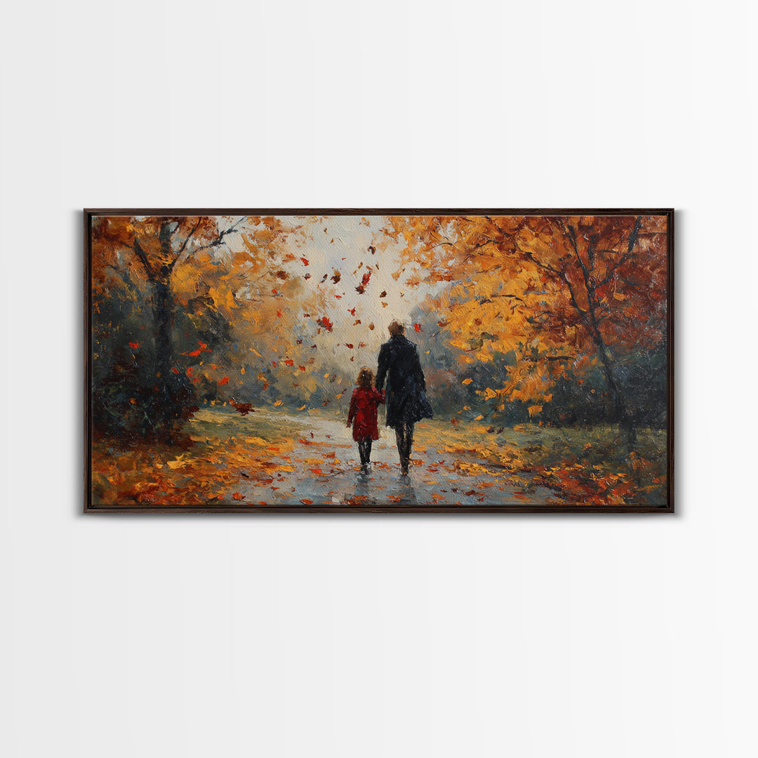 Father And Child In Orange Autumn Forest Wall Art, Impressionist Fall Canvas Print, Family Gift, Cozy Living Room Home Decor