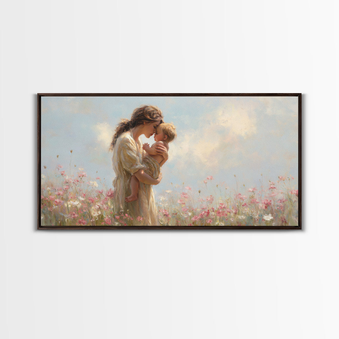 Mother Kissing Baby In Pastel Wildflower Meadow Canvas Print, Impressionist Nursery Wall Art, Motherhood Gift, Bedroom Decor