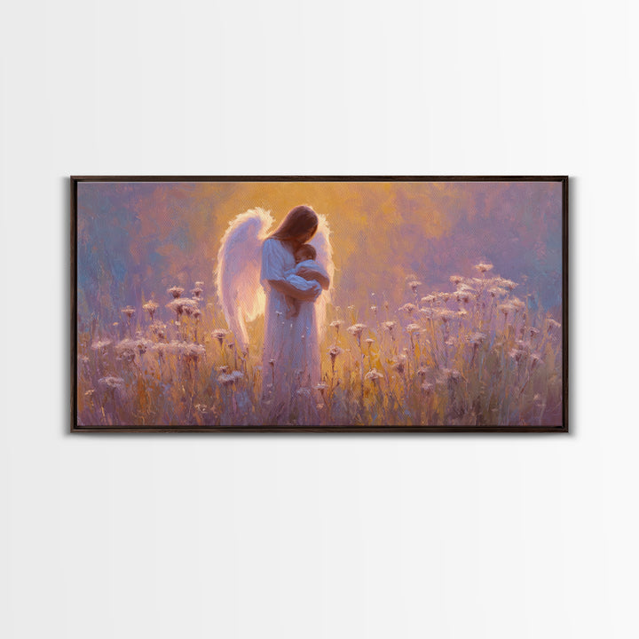 Guardian Angel Holding Baby In Glowing Meadow Canvas Print, Spiritual Nursery Wall Art, Motherhood Gift, Christian Decor