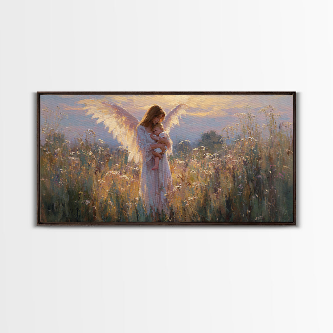 Guardian Angel Mother And Baby In Golden Wildflower Meadow Wall Art, Christian Nursery Decor, Motherhood Gift, Fine Art Print