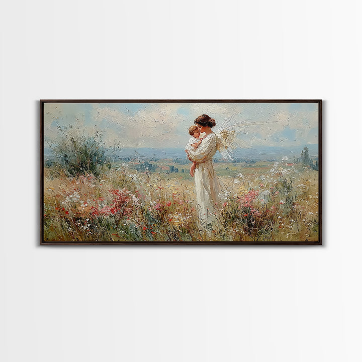 White Angel Mother And Child In Sunlit Wildflower Field Wall Art, Christian Home Decor, Serene Nursery Art Print Gift For Her