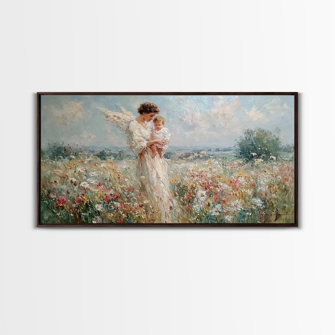 Impressionist Angel Mother With Baby In Daisy Meadow Framed Canvas Print, Christian Nursery Decor, Motherhood Wall Art Gift