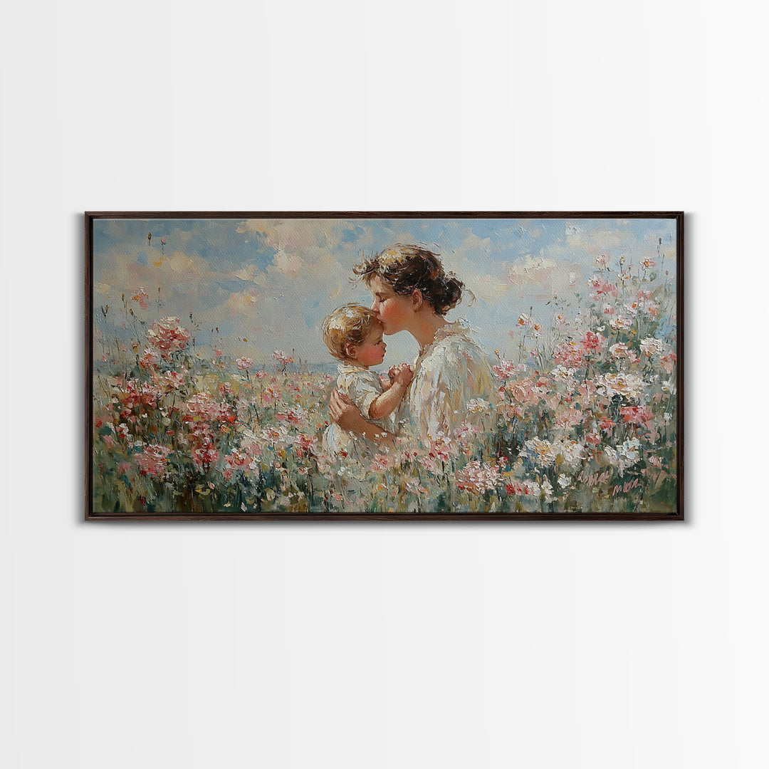 Mother Kissing Baby In Pink Wildflower Garden Wall Art, Impressionist Nursery Decor, Motherhood Gift, Feminine Art Print