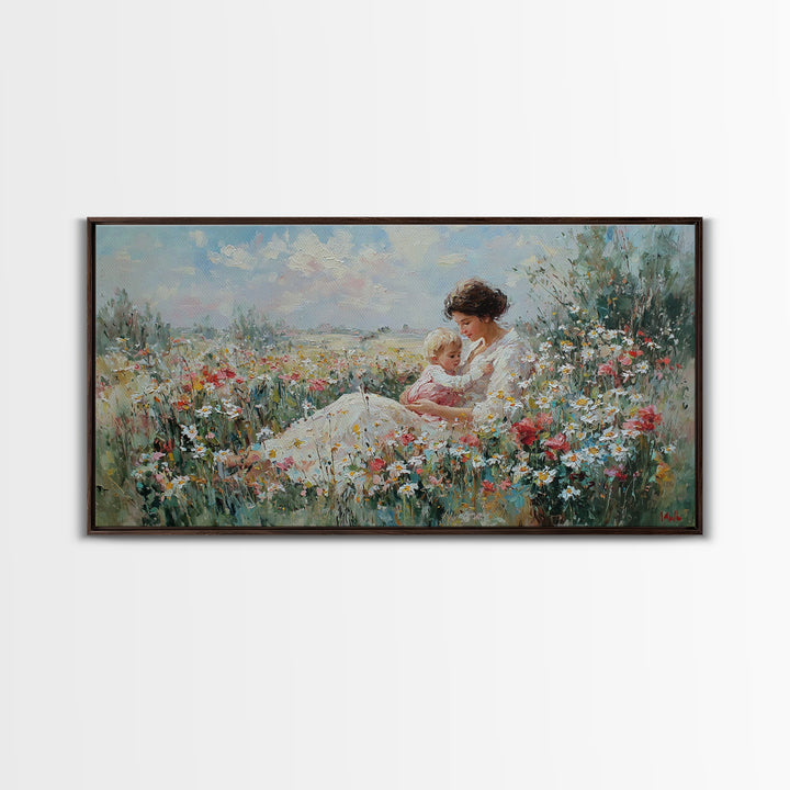 Mother And Baby In Wildflower Meadow Wall Art, Impressionist Floral Landscape, Fine Art Print, Motherhood Gift Home Decor