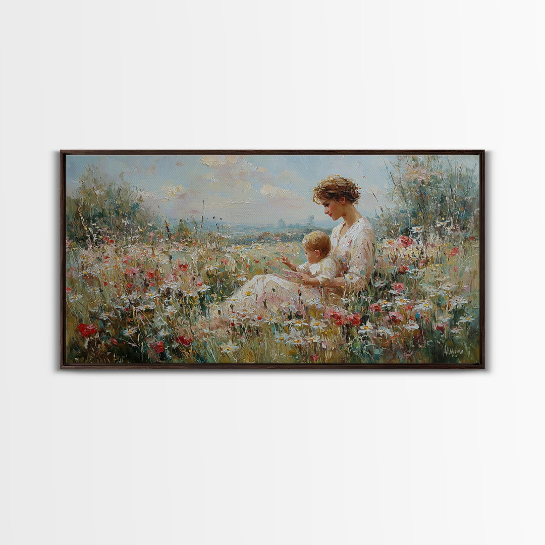 Seaside Wildflower Mother And Child Canvas Print, Impressionist Meadow Landscape, Mother's Day Gift, Living Room Home Decor