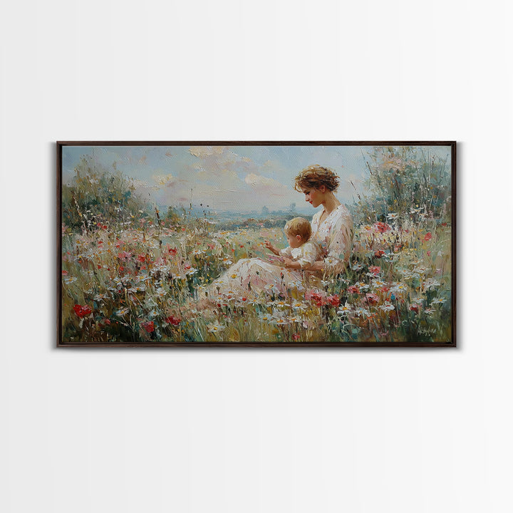 Seaside Wildflower Mother And Child Canvas Print, Impressionist Meadow Landscape, Mother's Day Gift, Living Room Home Decor