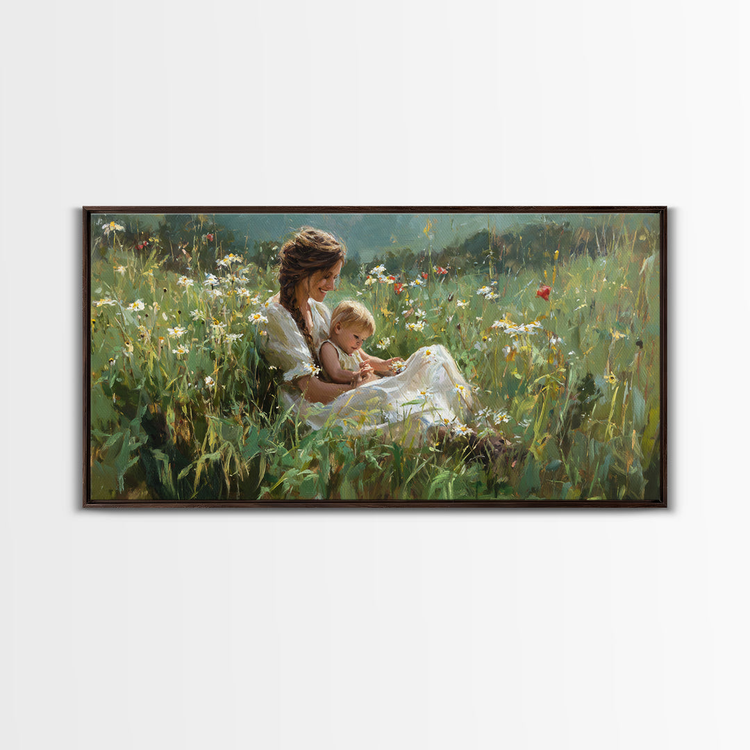 Sunlit Mother And Baby In Daisy Meadow Framed Canvas Print, Impressionist Floral Landscape, Gift For Her, Nursery Wall Decor