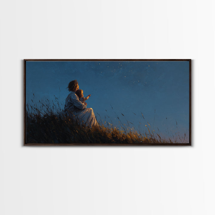 Mother And Child Stargazing On Moonlit Hill Wall Art, Calming Moody Celestial Landscape, Romantic Bedroom Decor, Gift For Her